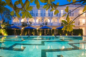 Outdoor pool, pool umbrellas, pool loungers