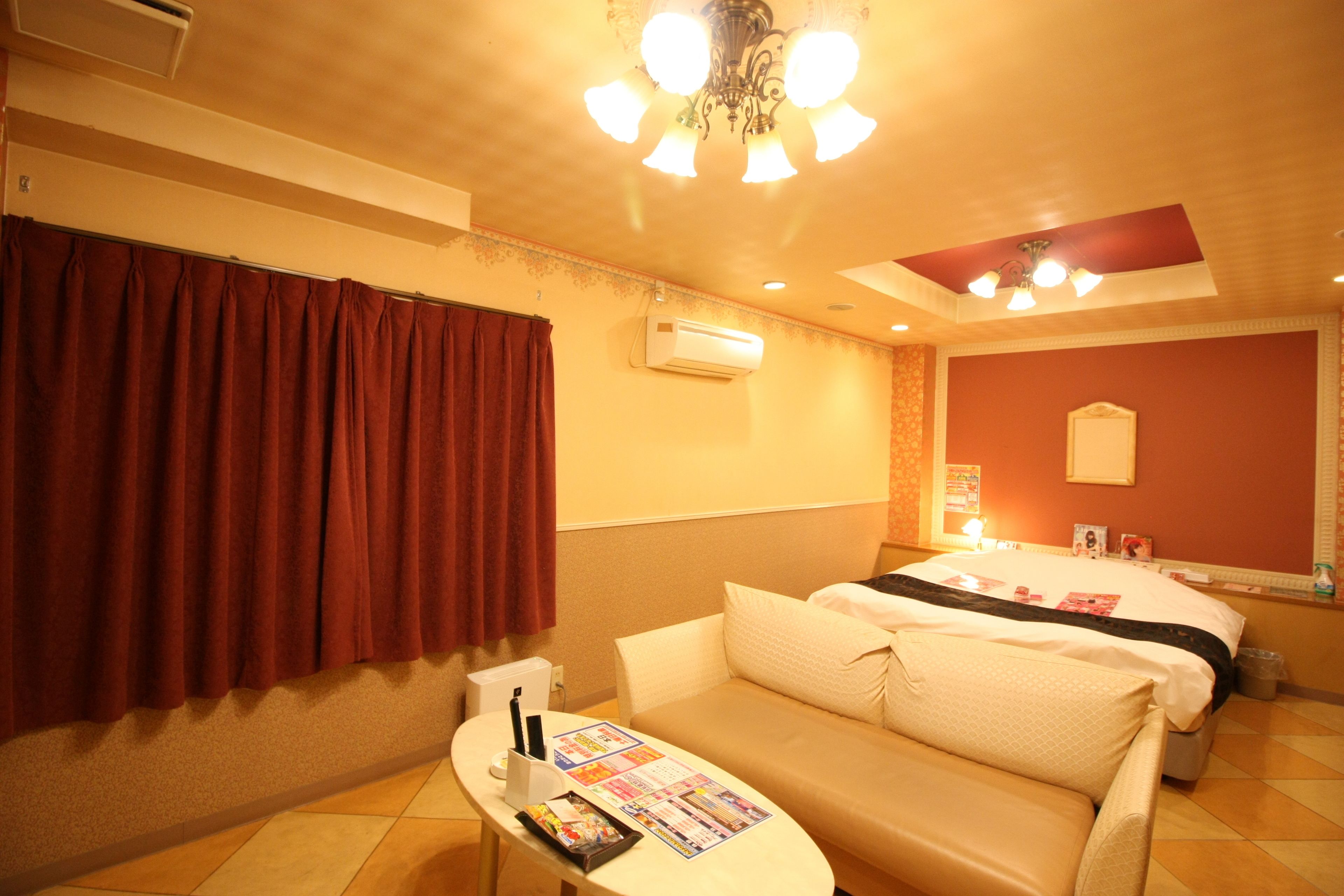A hotel room with a bed, a sofa, a table with magazines, an air conditioner, and a ceiling light.