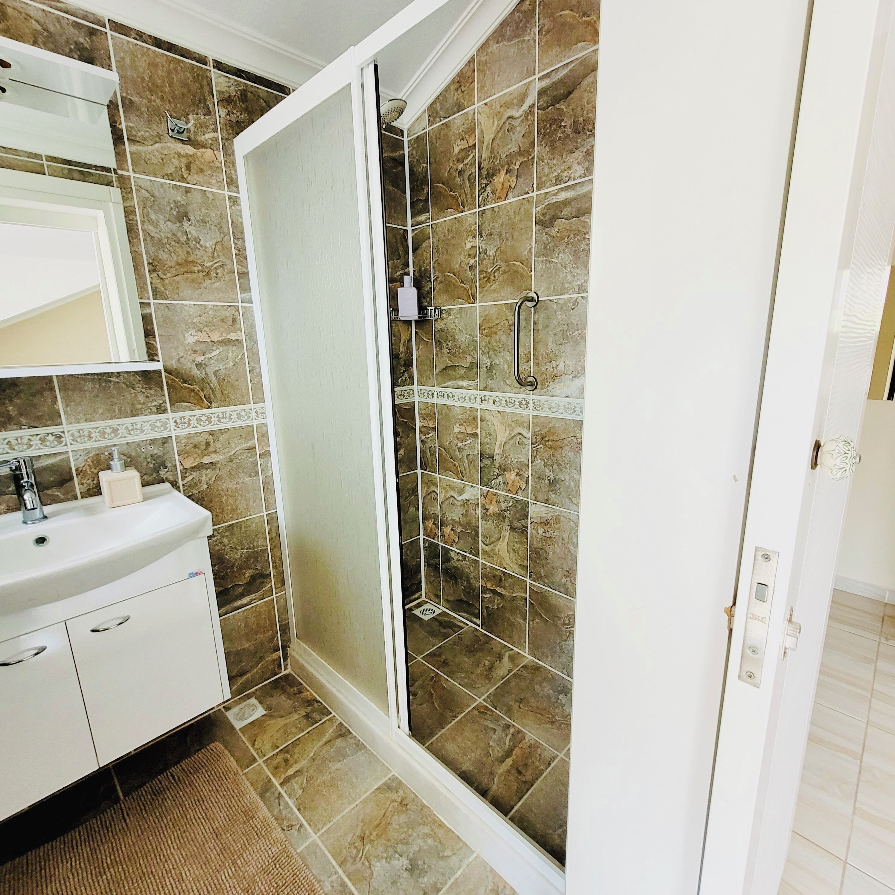 big double rooms at attic | bathroom | shower, hair dryer, slippers, towels