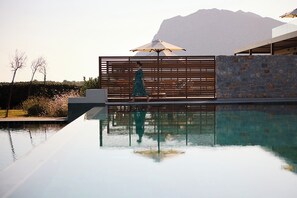 Seasonal outdoor pool, pool umbrellas, pool loungers