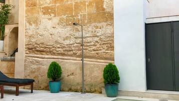 Un área de piscina con un muro de piedra, una silla de descanso y dos plantas en macetas.