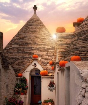 Un edificio tradicional de piedra con techo cónico, una puerta de madera y un pequeño porche con plantas en macetas.