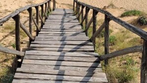 Une promenade en bois qui mène à une plage aux eaux d’un bleu limpide.
