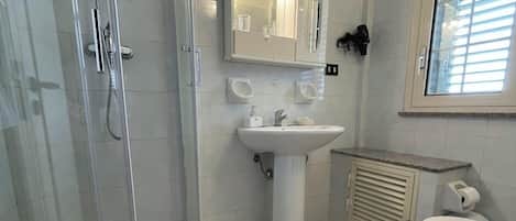 Un baño con ducha de vidrio, lavamanos pedestal y un inodoro.