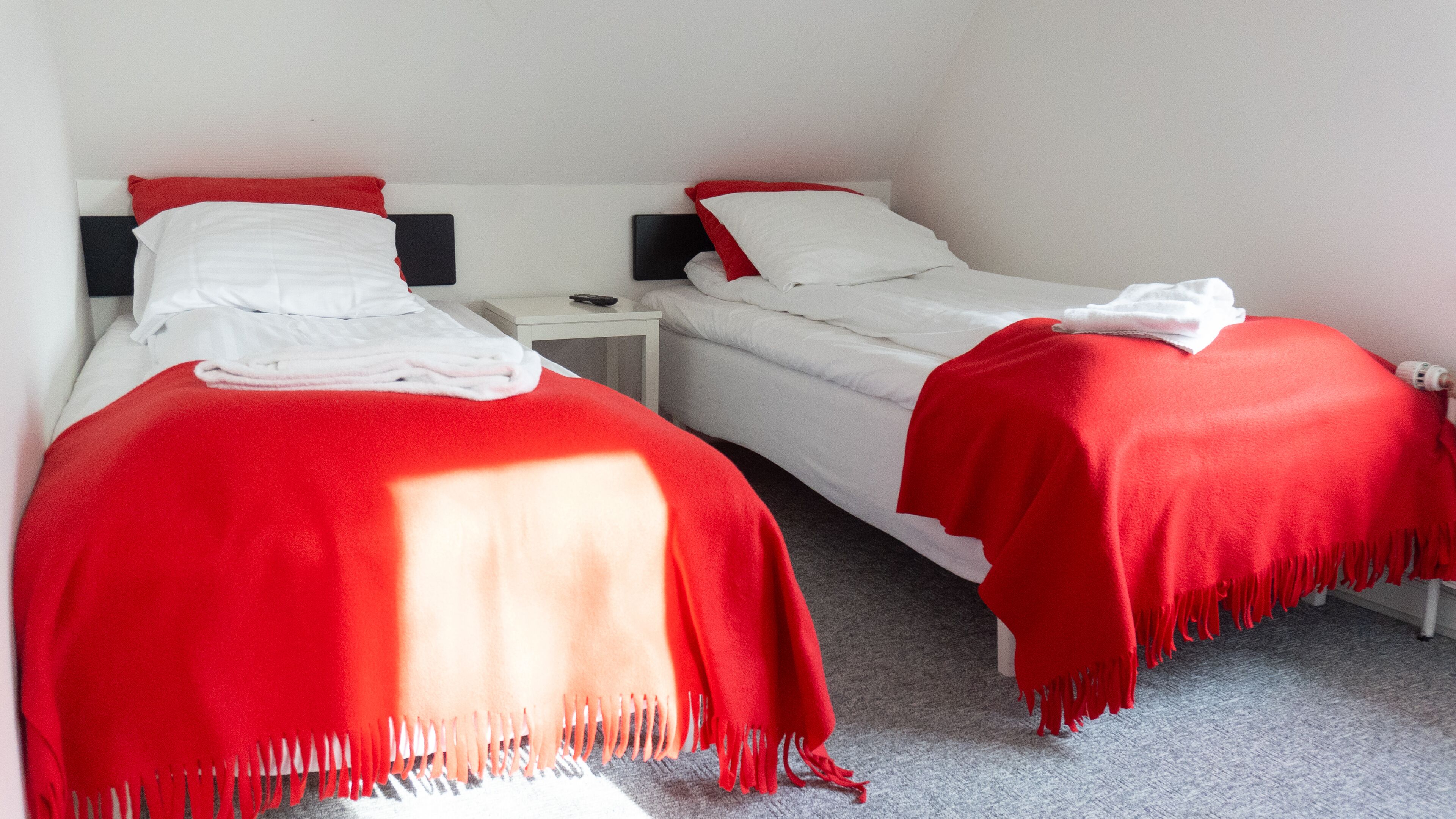 Two single beds with red blankets and white pillows, a small bedside table with a remote control, and a grey carpeted floor.