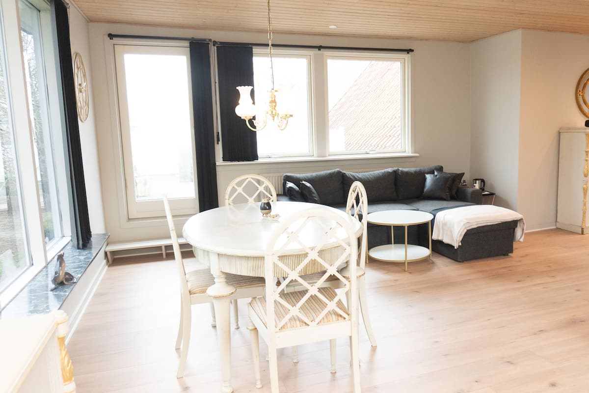 A modern living room with a dining table, chairs, a sofa, and a small round table.