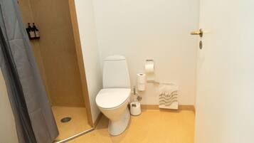 Een kleine, schone badkamer met toilet, toiletpapier en een prullenbak.