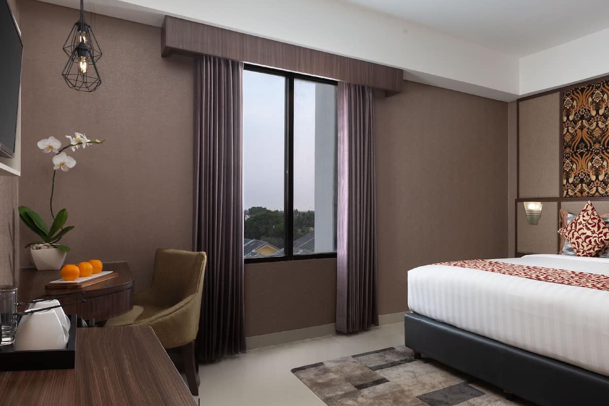 A modern hotel room with a large bed, a desk with a chair, a potted plant, and a view through the window.