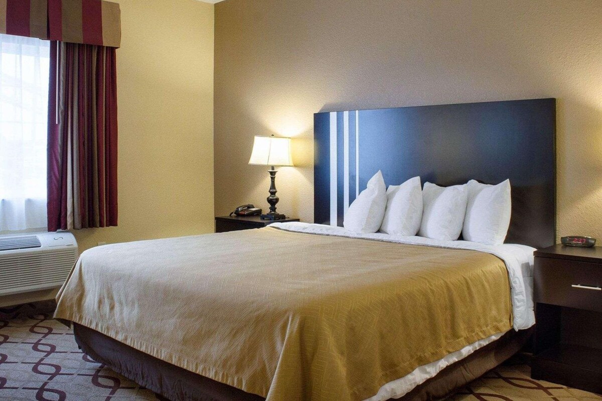 A hotel room with a large bed, a bedside lamp, a nightstand, and a window with curtains.