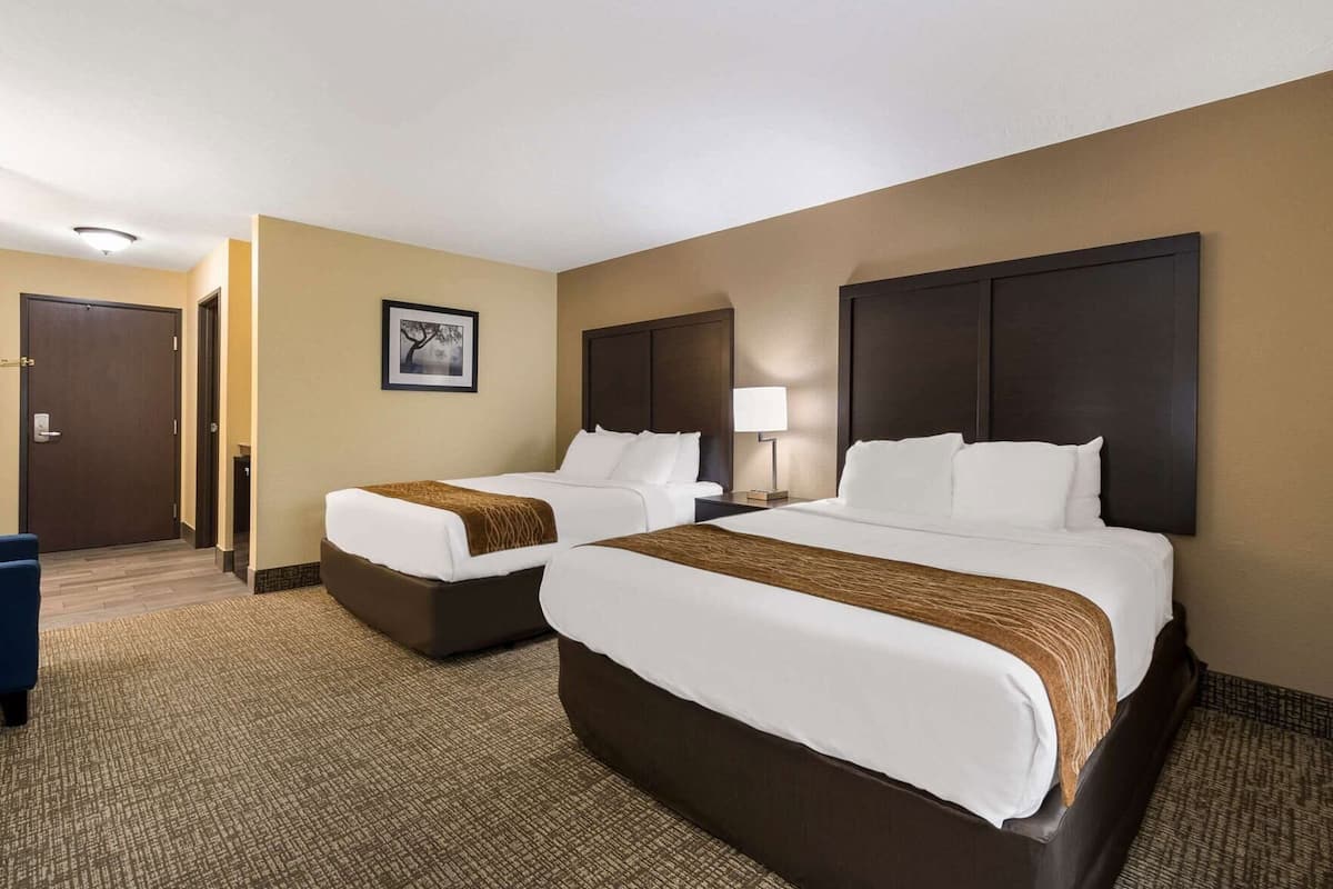 A hotel room with two beds, a framed picture on the wall, a desk with a lamp, and a door.