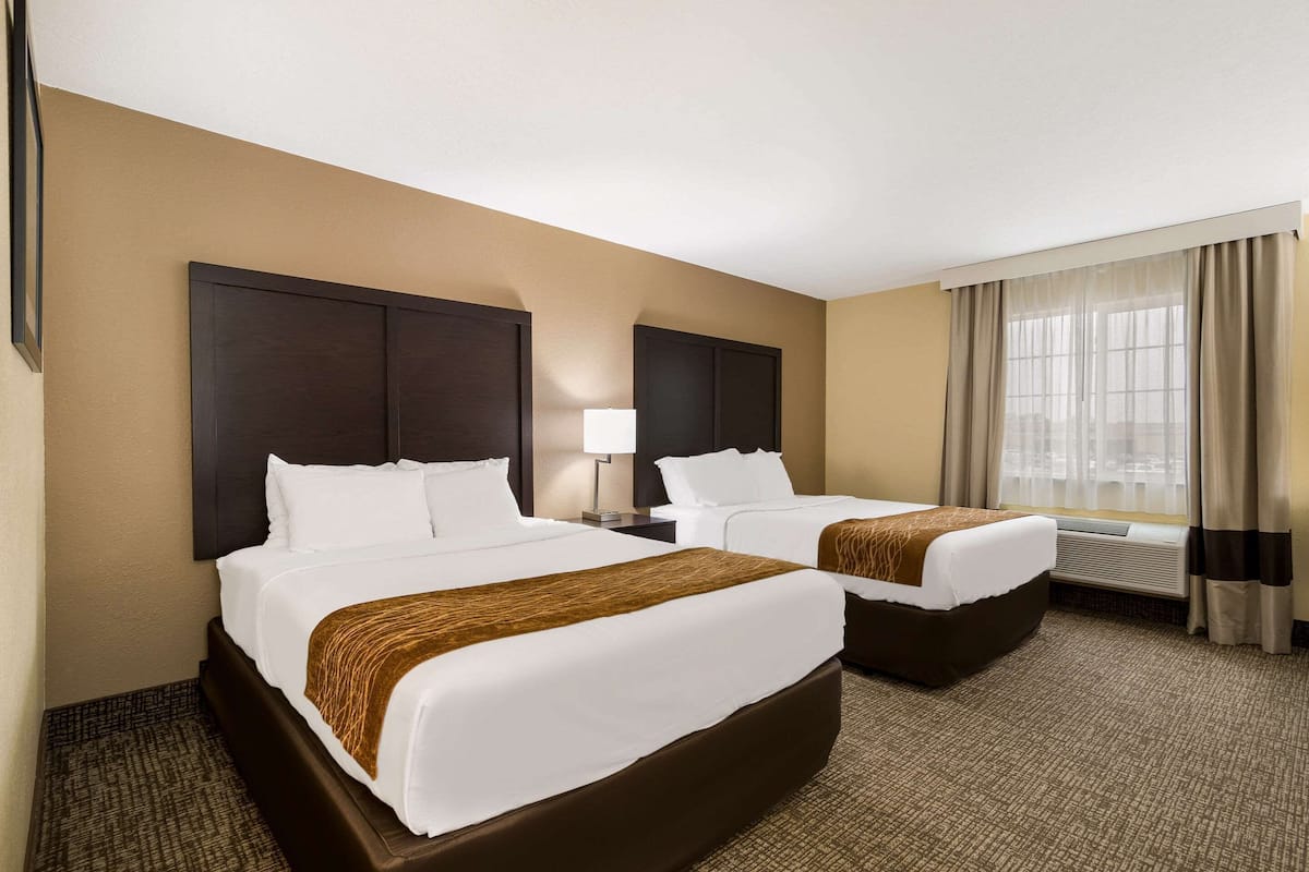 A hotel room with two beds, a large window with curtains, a wall-mounted TV, and a carpeted floor.