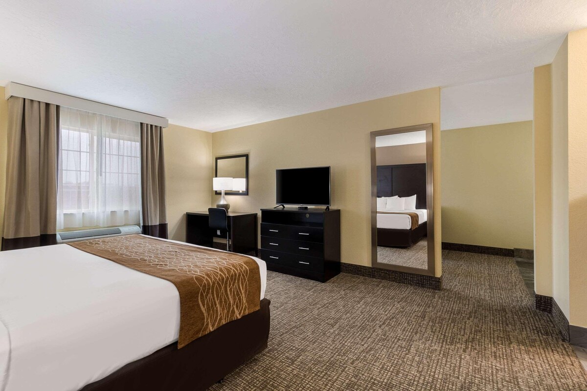 A hotel room with a large bed, a flat-screen TV, a desk with a chair, a dresser, and a mirror.