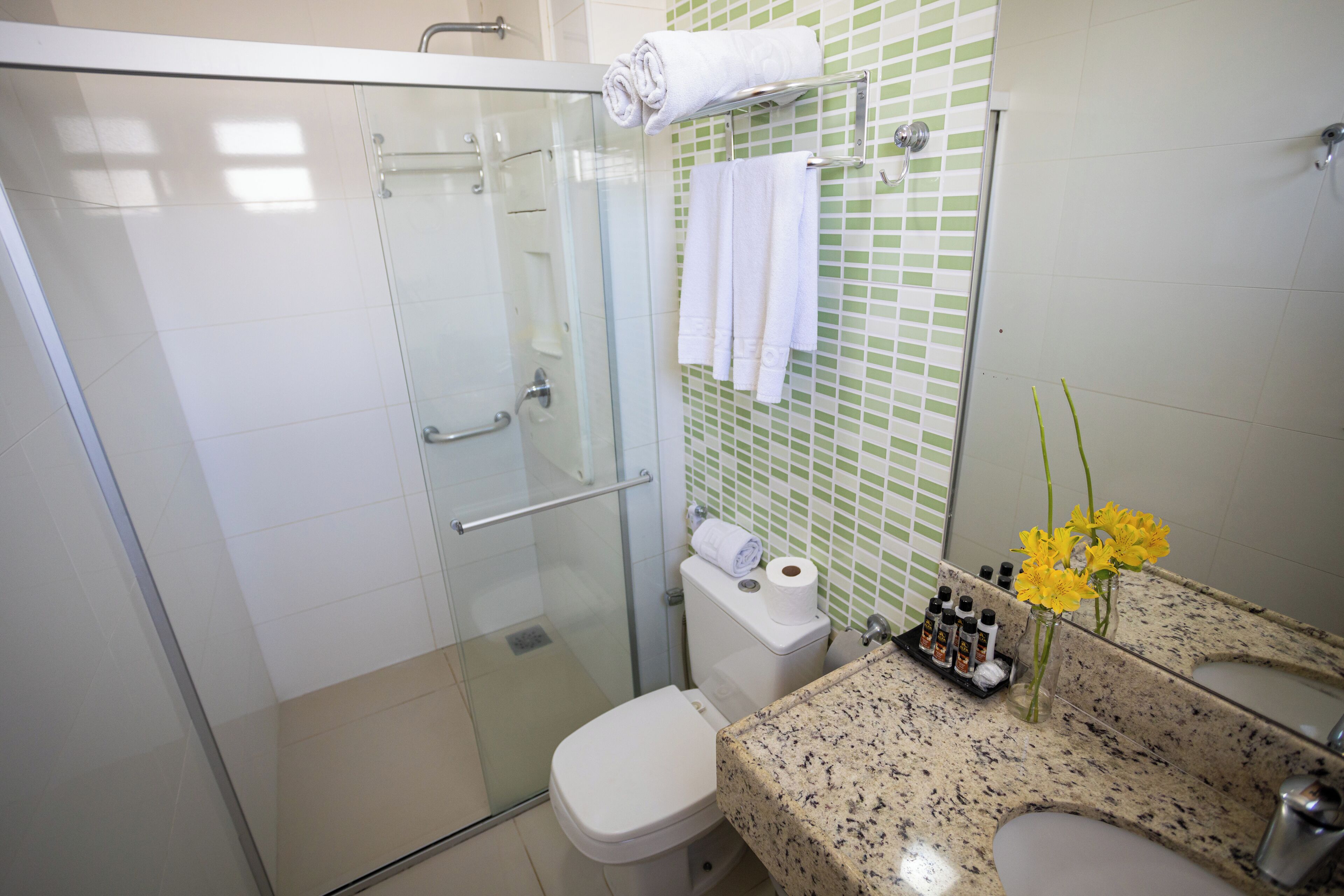 A bathroom with a glass shower enclosure, a toilet, and a sink with a granite countertop.
