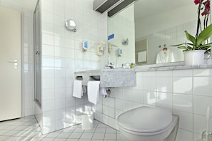 Shower, eco-friendly toiletries, hair dryer, towels