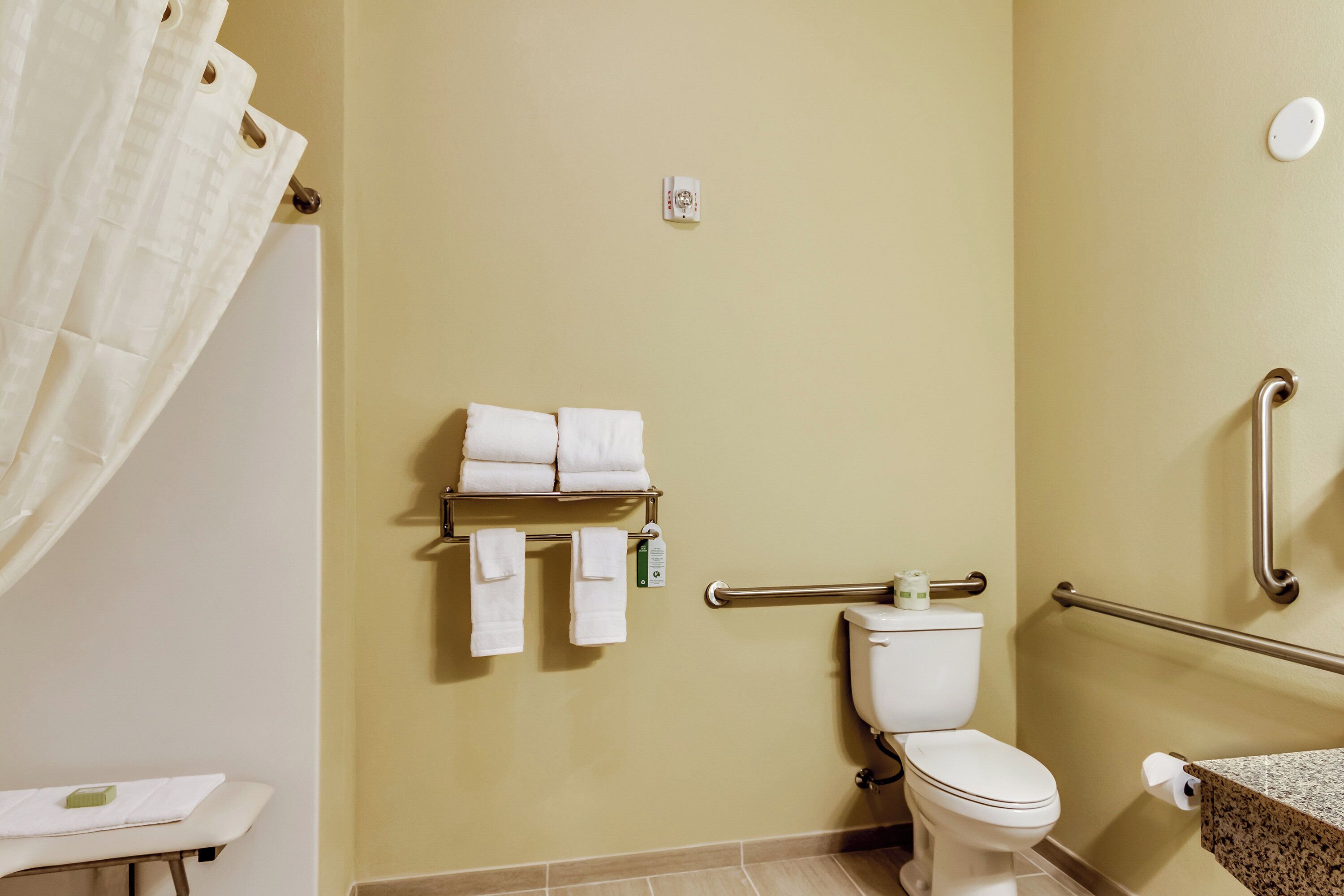 A bathroom with a toilet, handrails, a towel rack with towels, and a shower curtain.