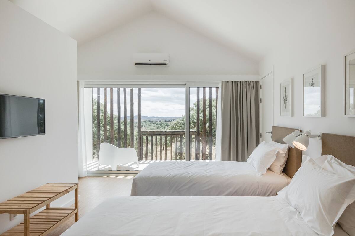 Un dormitorio moderno con dos camas, un televisor y un balcón con vistas al campo.
