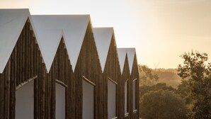 Una hilera de construcciones de madera con techos a dos aguas, probablemente parte de un complejo turístico o hotel.