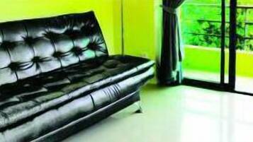 Un sofá de cuero negro en una habitación con una pared de color verde brillante y una ventana que da a zonas verdes.