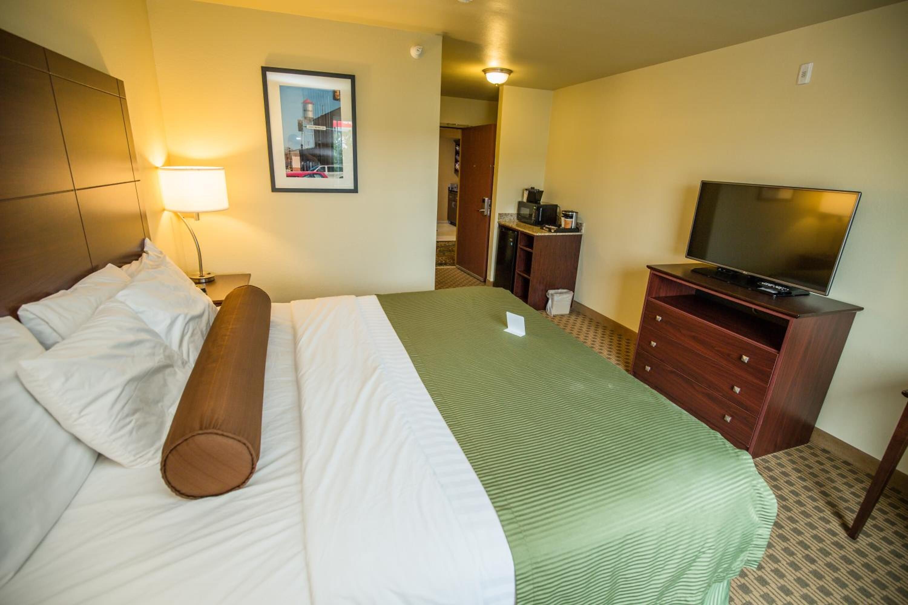 A hotel room with a bed, a television, a desk, and a framed picture on the wall.