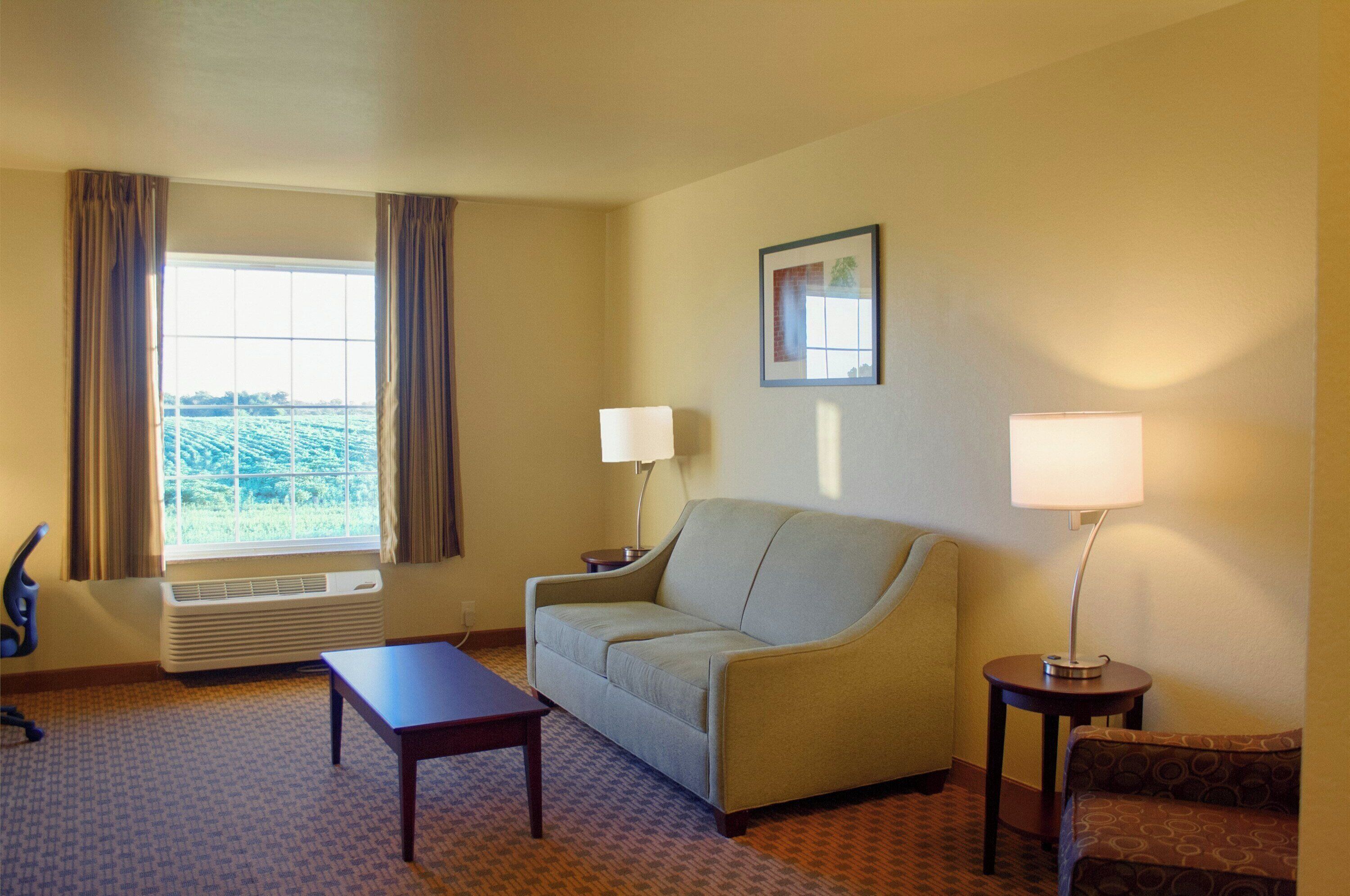 Habitación de hotel con sofá, una mesita, dos lámparas, ventana con cortinas, aire acondicionado y un cuadro en la pared.