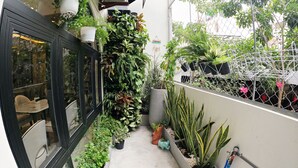 Un espacio exterior estrecho con diversas plantas en macetas, suelo de concreto y cercado metálico.