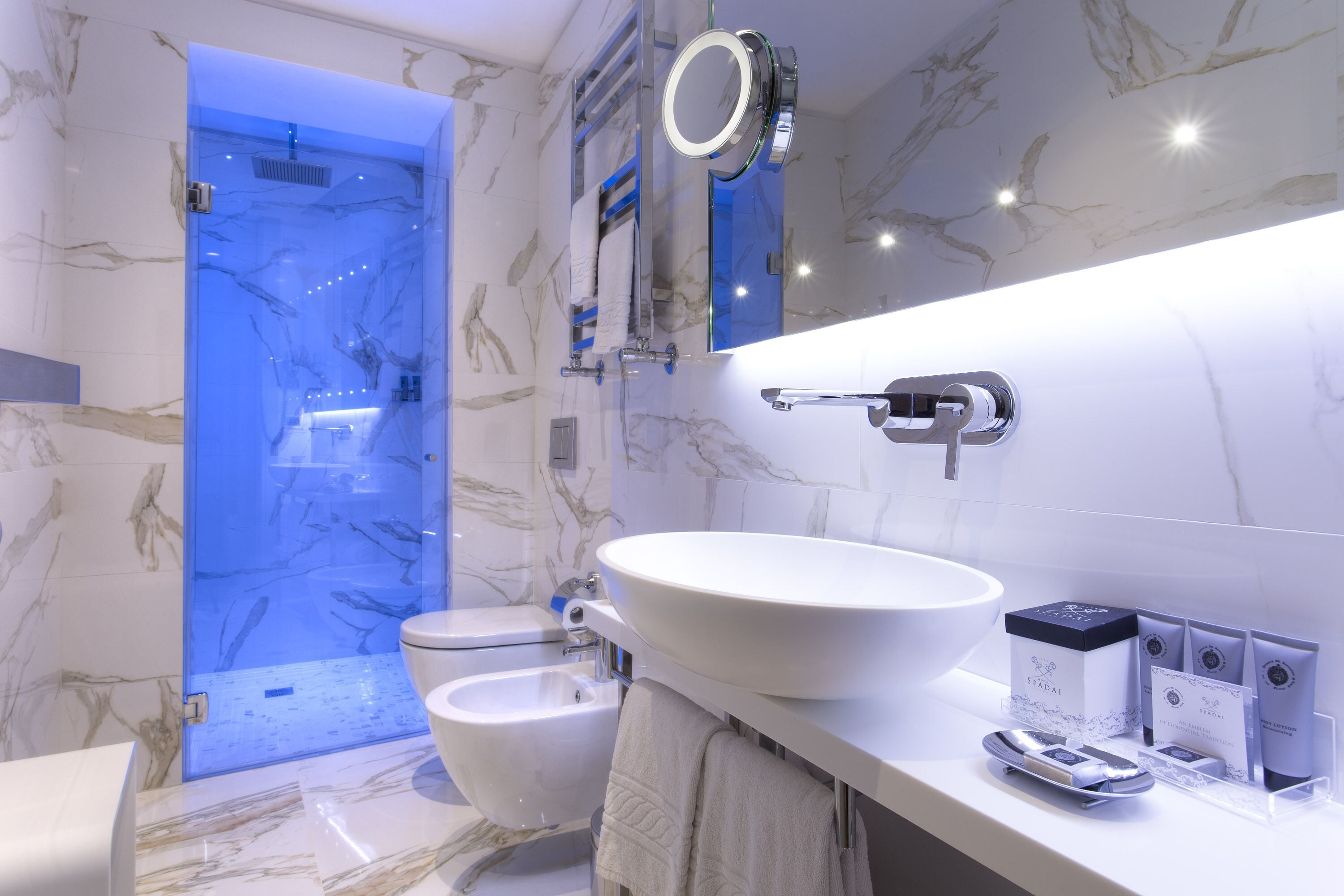 free toiletries, hair dryer, bidet, towels