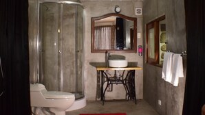 A bathroom with a toilet, a sink, a mirror, and a shower enclosure. - Tocapu Boutique Hotel (Cusco)