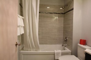 浴槽、バスアメニティ (無料)、ヘアドライヤー、タオル