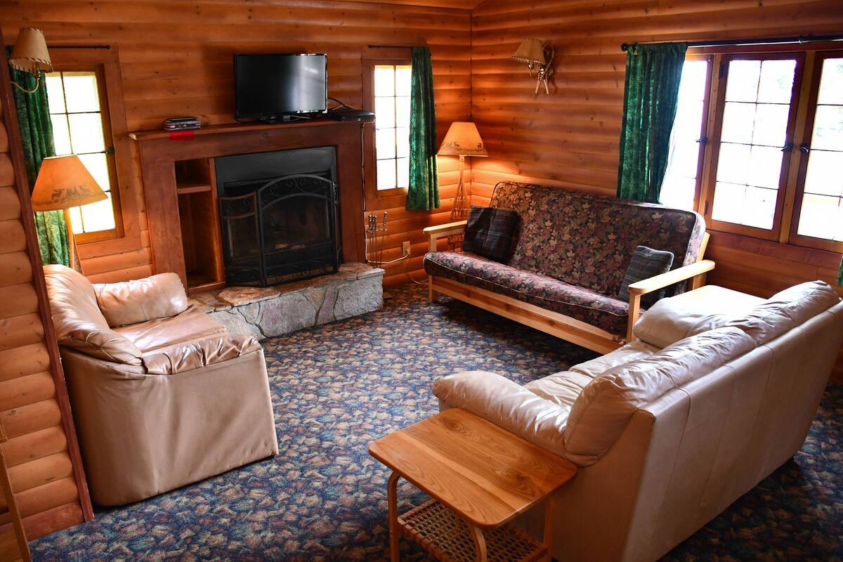 Un intérieur chaleureux de chalet en bois avec une cheminée, des canapés en cuir et un téléviseur.