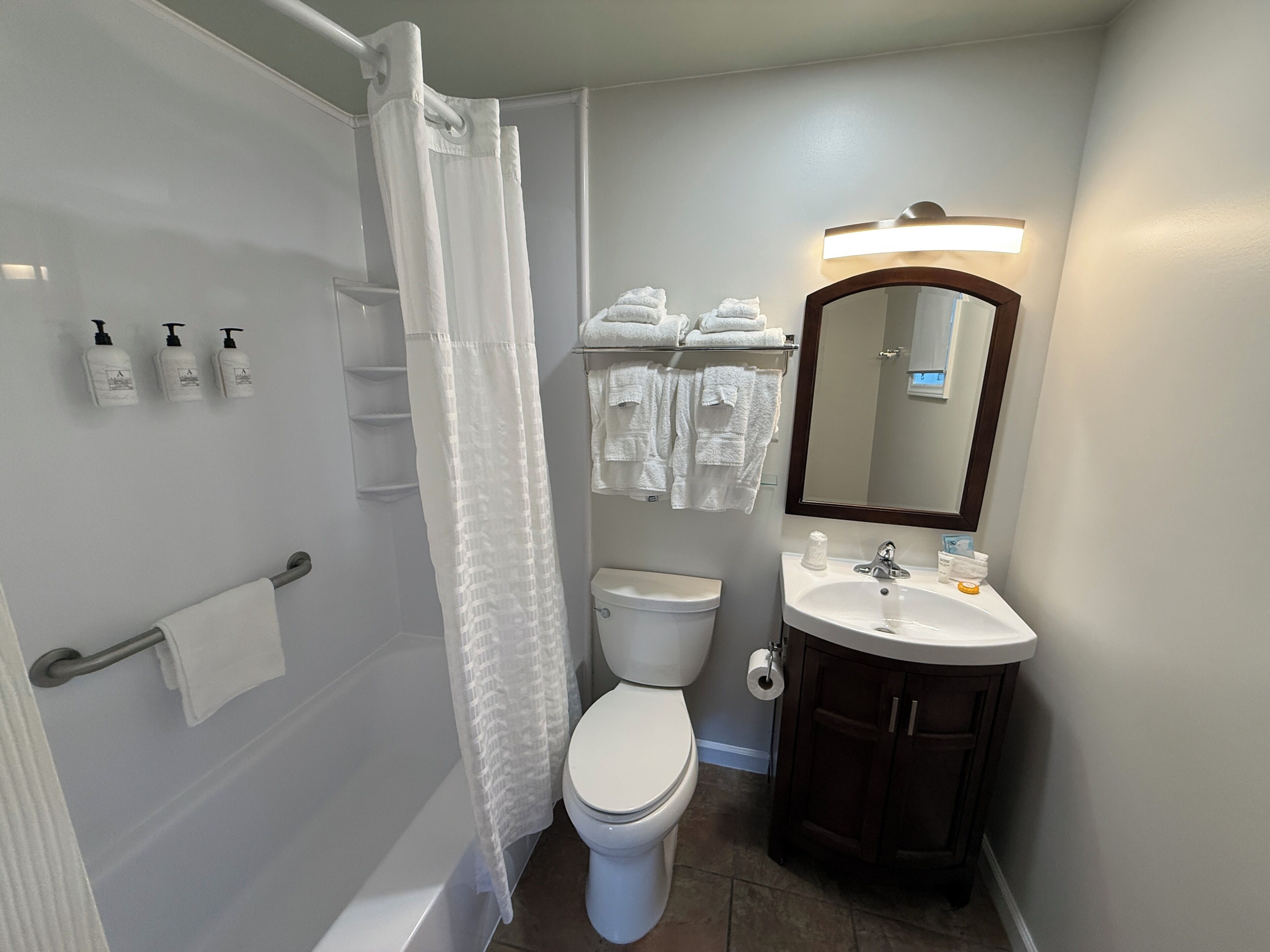 Combined shower/bathtub, free toiletries, hair dryer, towels