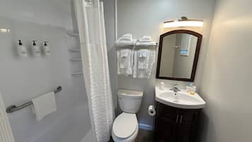 Combined shower/bathtub, free toiletries, hair dryer, towels