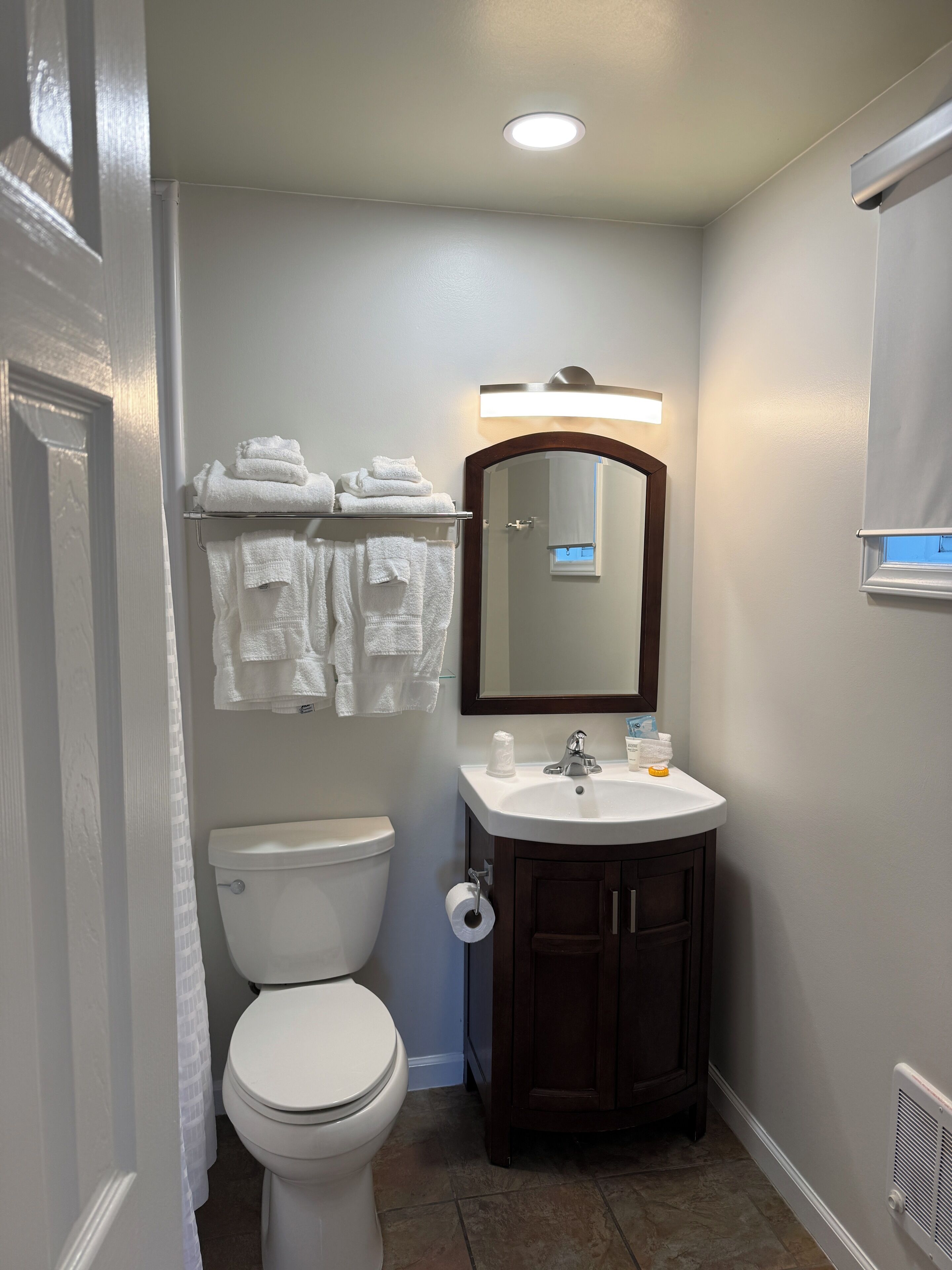 A bathroom with a toilet, sink, and mirror.