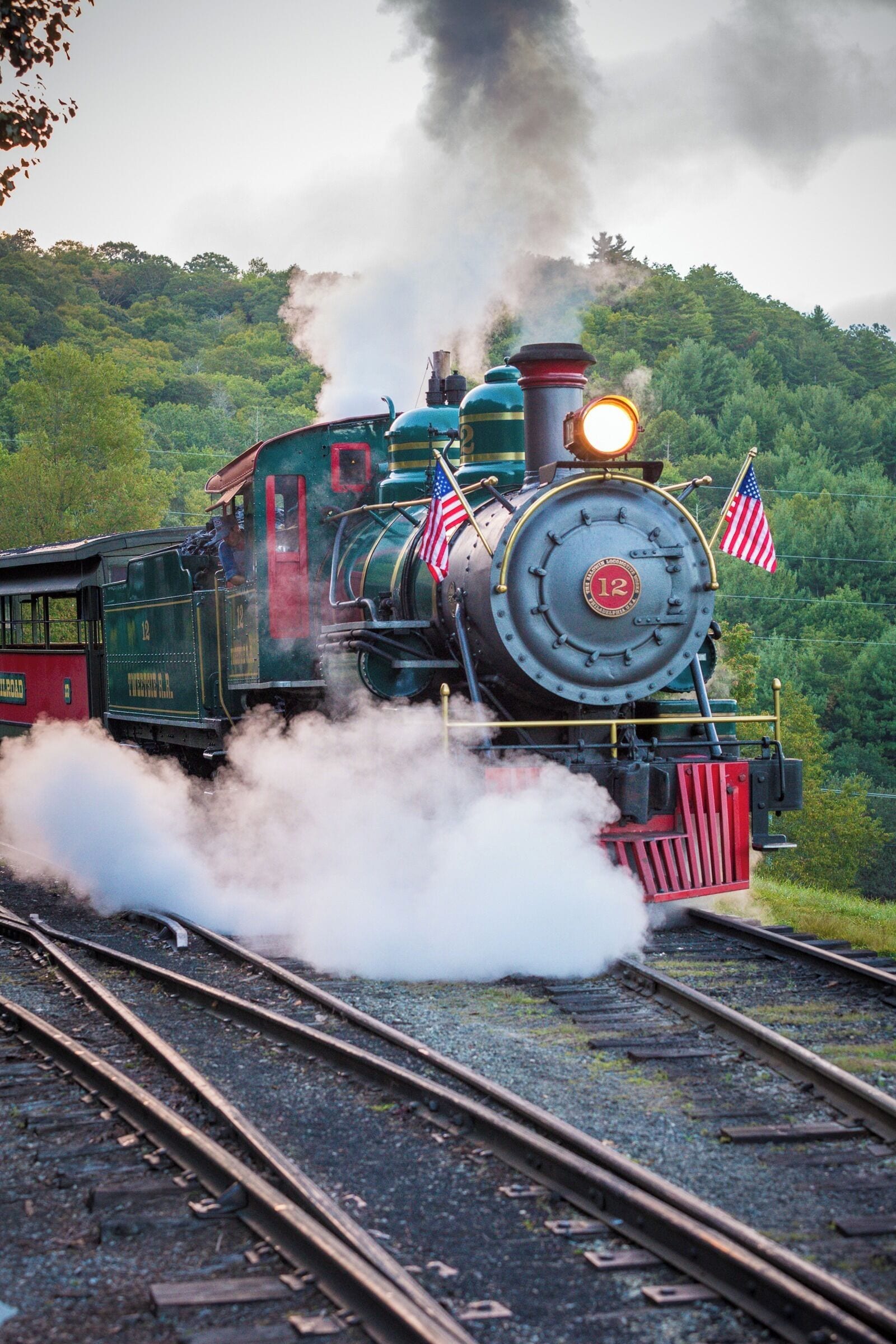Una locomotora de vapor amb banderes americanes, alliberant vapor, sobre uns rails amb un vessant forestat al fons.