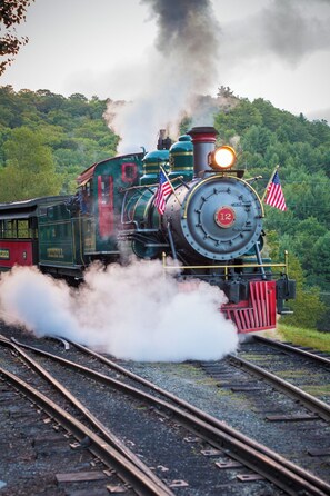 A steam locomotive with American flags, emitting steam, on railway tracks with a forested hillside in the background. - Blowing Rock Inn (Blowing Rock)
