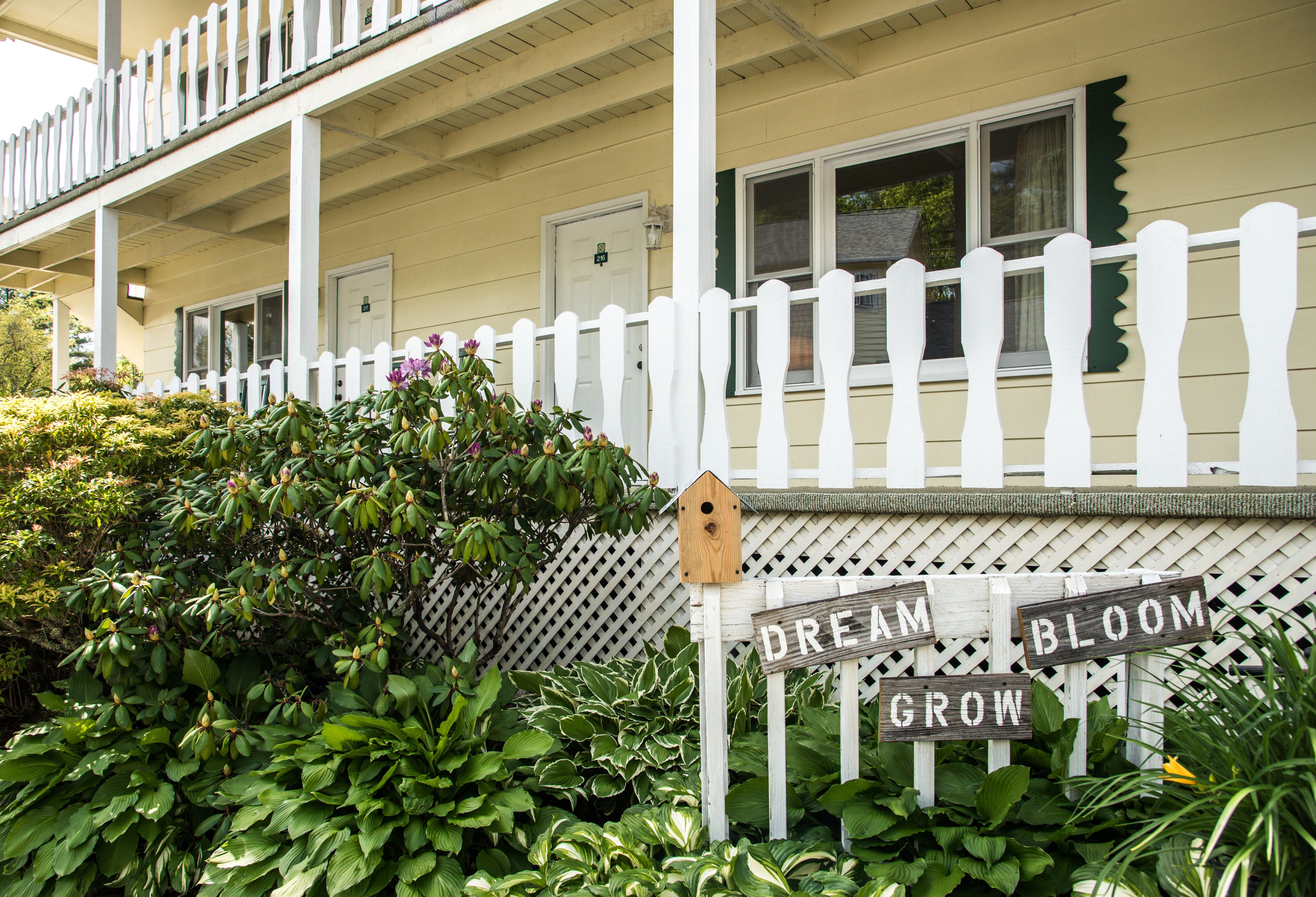 A house with a white picket fence, a wooden sign that says "DREAM BLOOM GROW", and lush green plants in front.