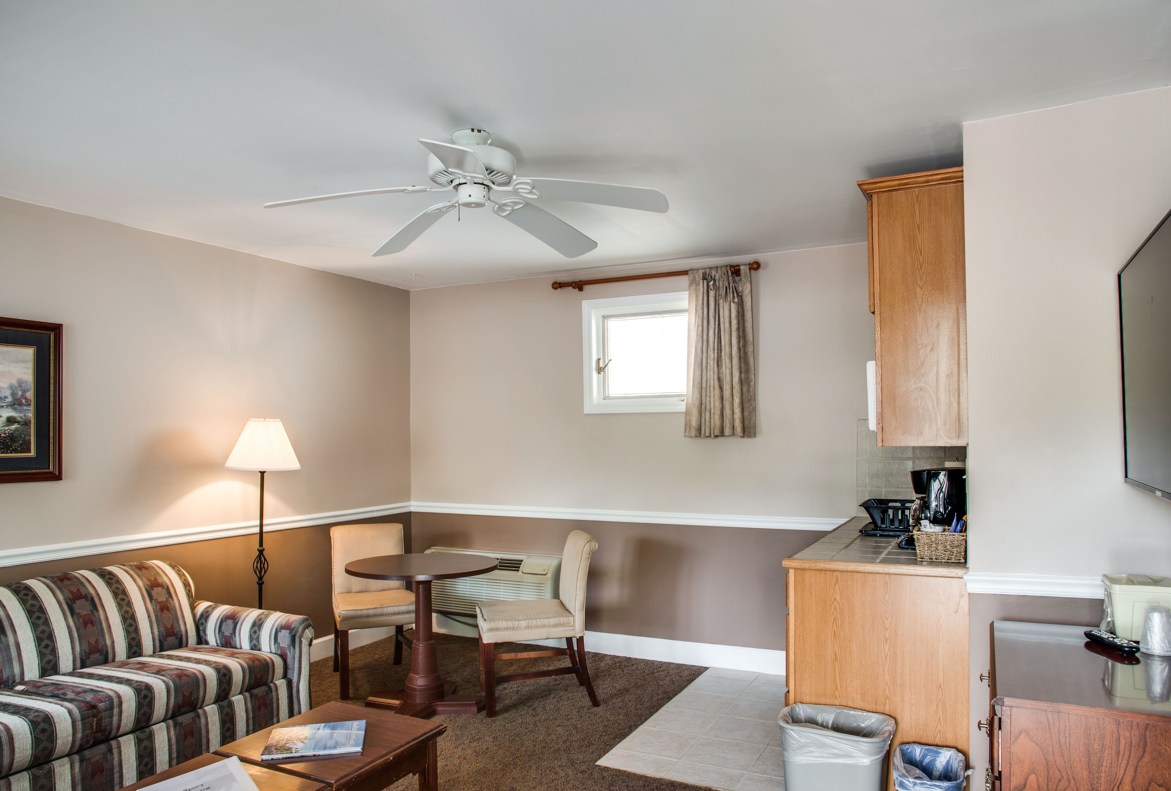 A compact living space with a sofa, a dining table, a ceiling fan, a kitchen area, and a trash bin.