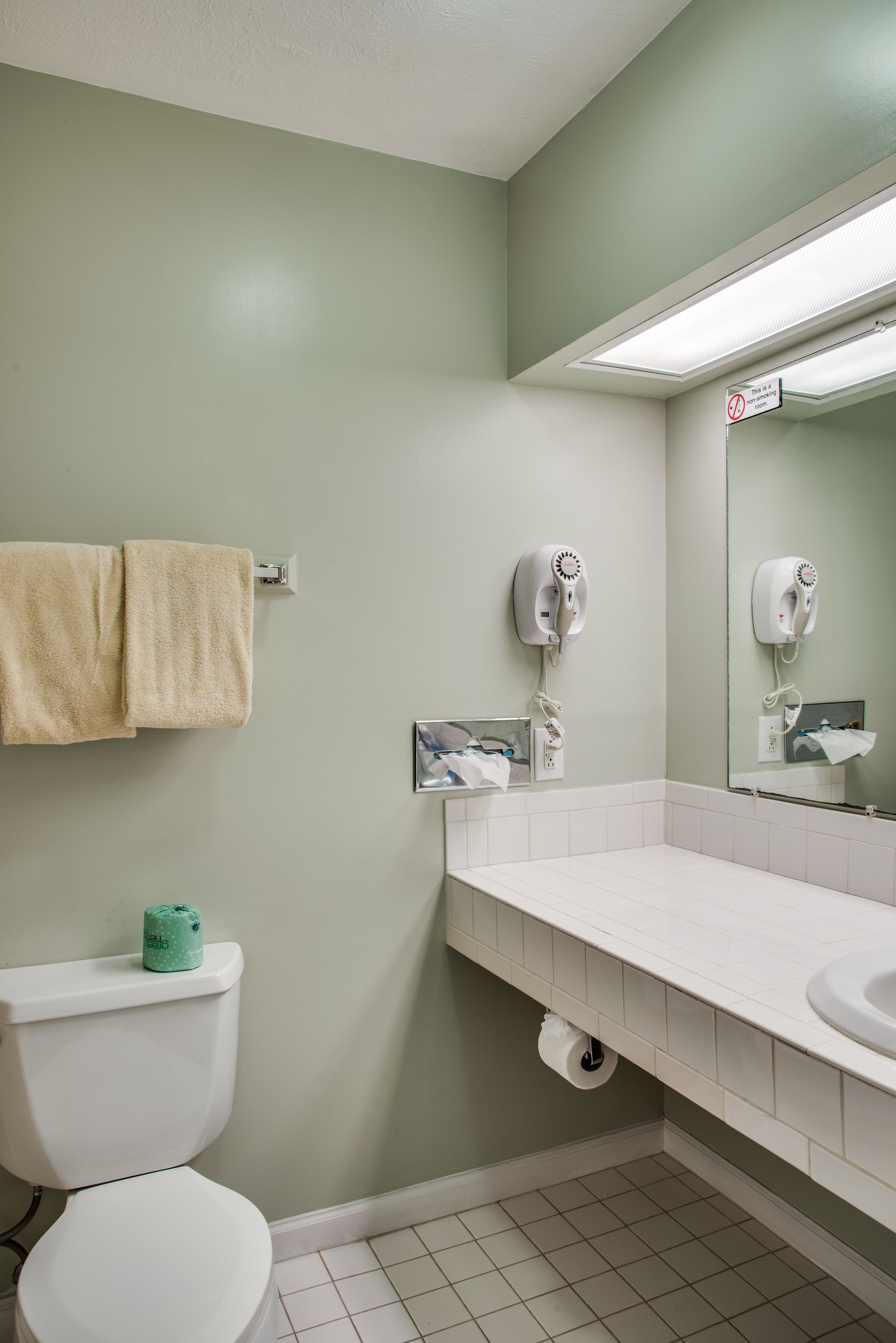 A bathroom with a toilet, a sink, a mirror, and a towel rack.