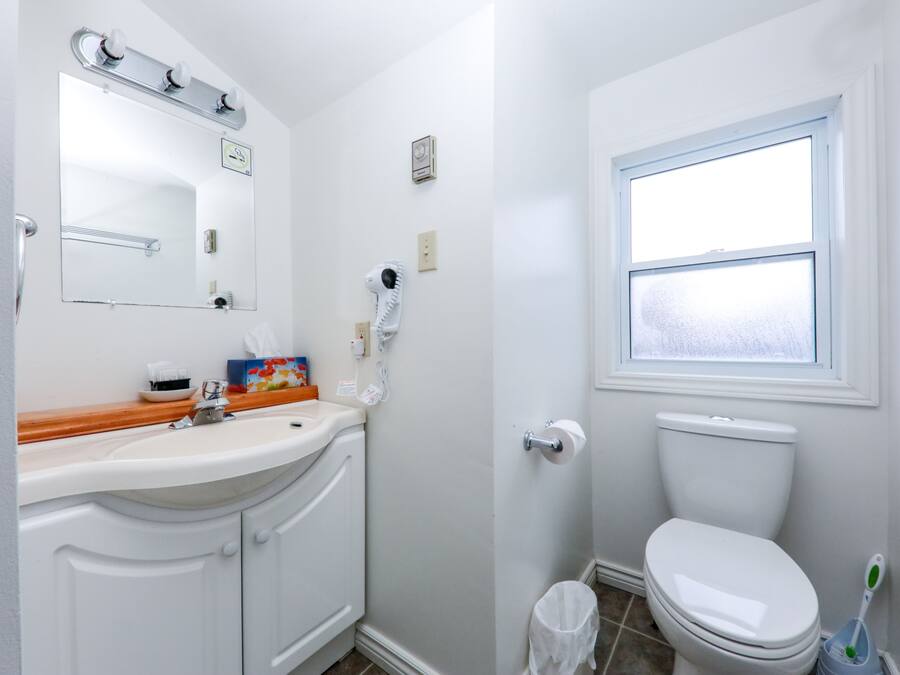 A bathroom with a white sink, mirror, and toilet. There is a window above the toilet, and a small trash bin is visible.