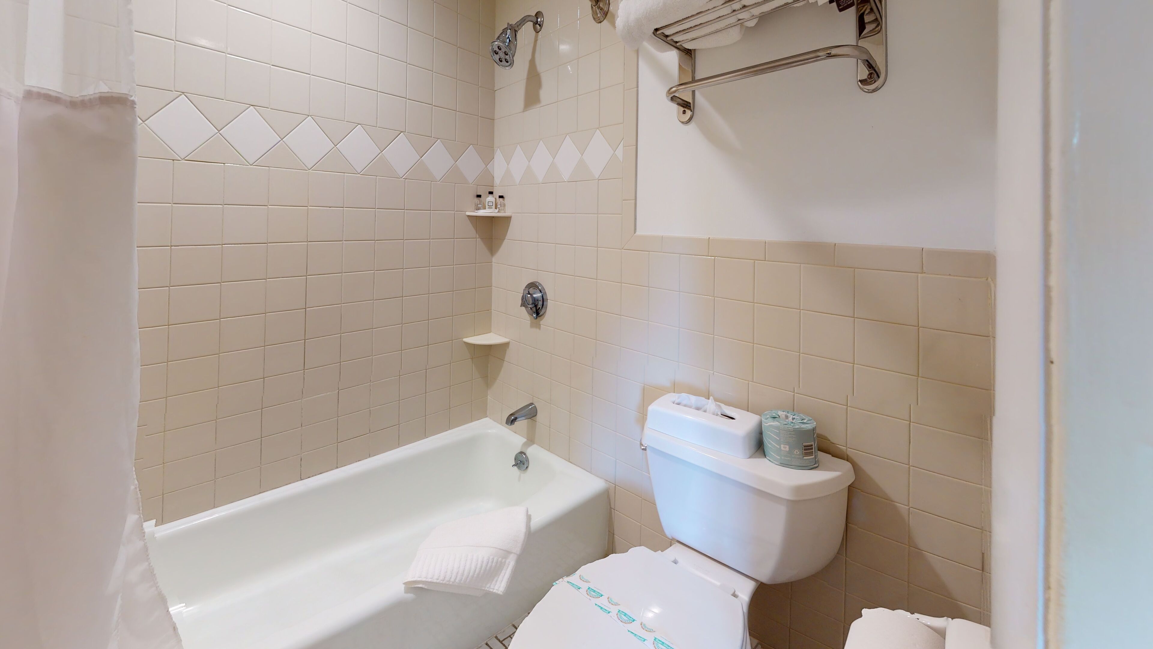 Un baño con bañera, inodoro y barra para toallas.