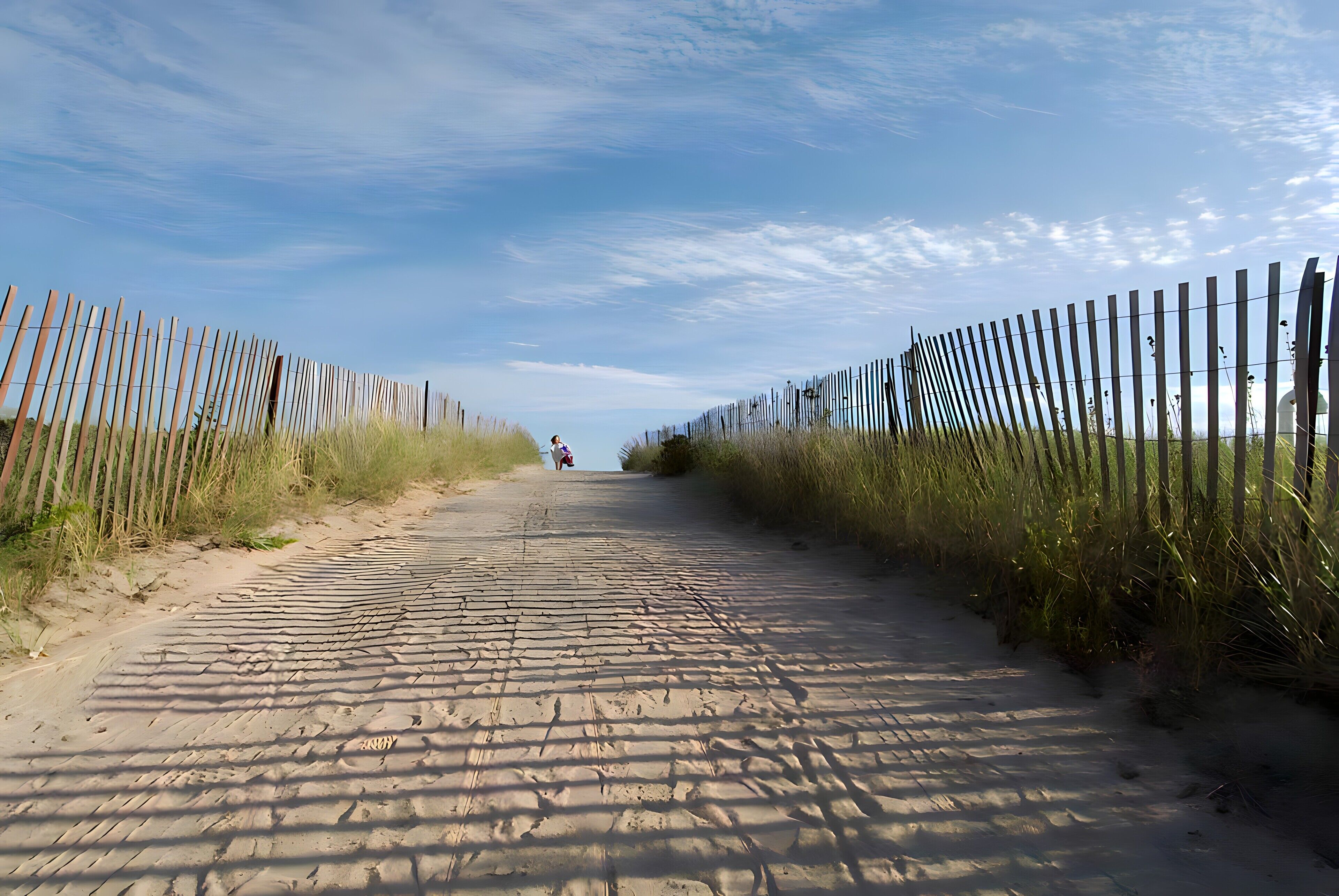A sandy path flanked by wooden fences, leading to a distant figure.