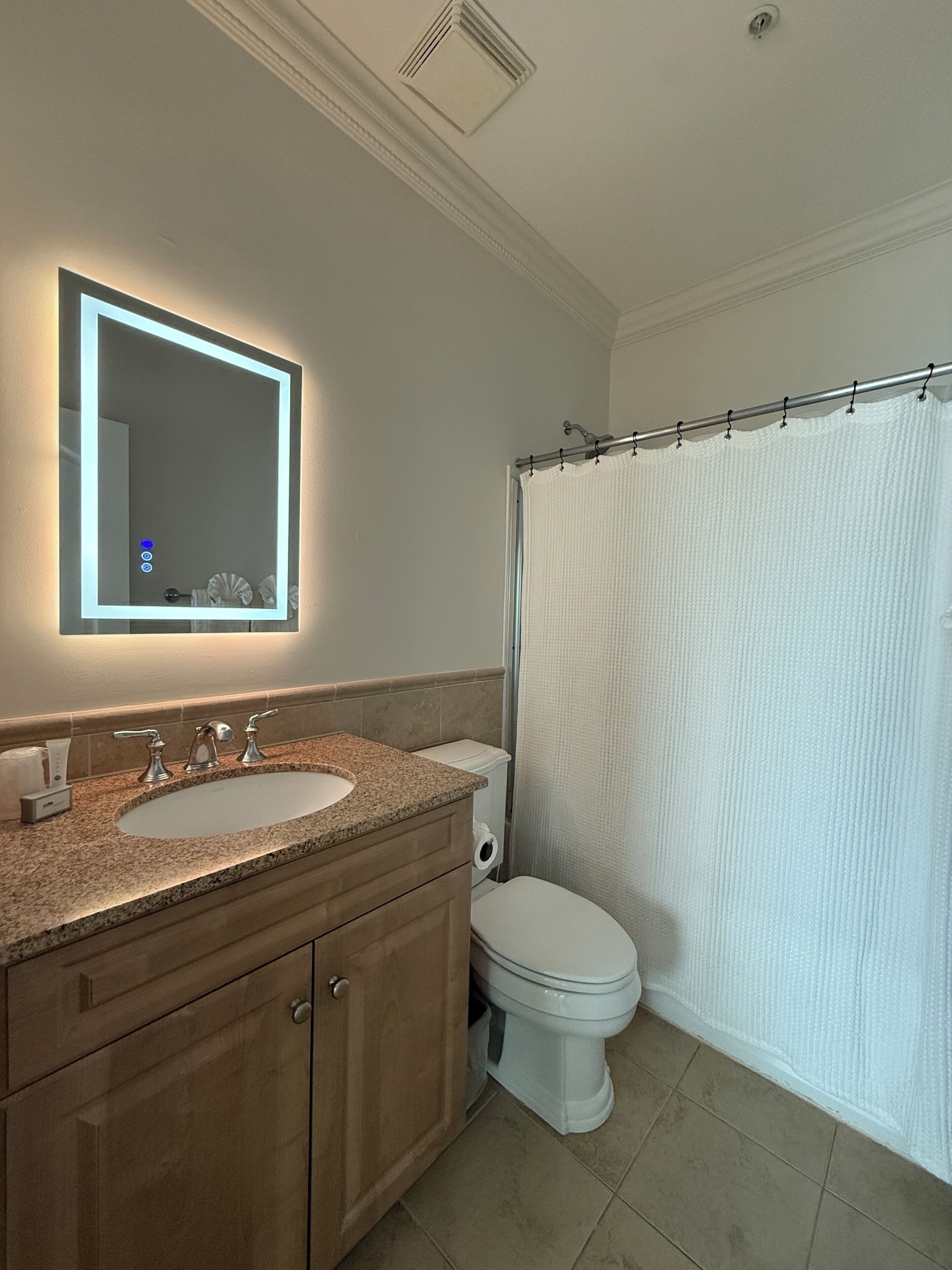 Ein Badezimmer mit Waschtisch, Spüle, Spiegel, Toilette und Duschvorhang.