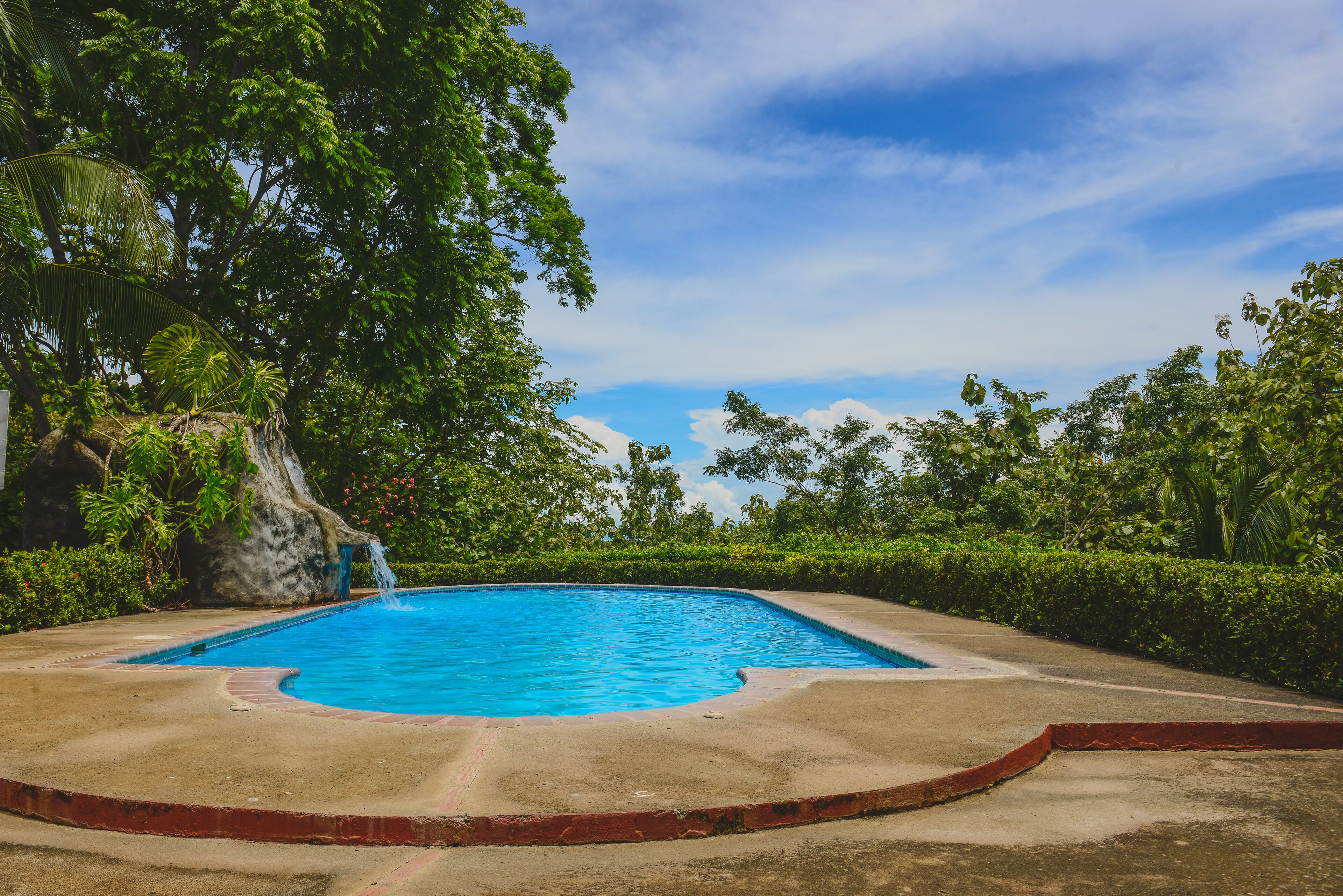 A rectangular swimming pool with a waterfall feature, surrounded by lush greenery and trees.