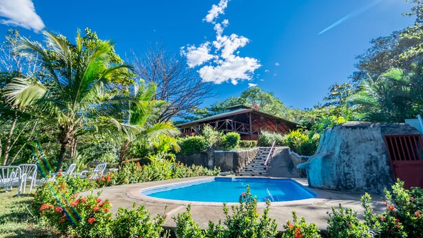 A pool surrounded by lush greenery, a wooden structure, and a staircase leading up to a rock formation. - Hotel Cerro Lodge (Lagunillas)