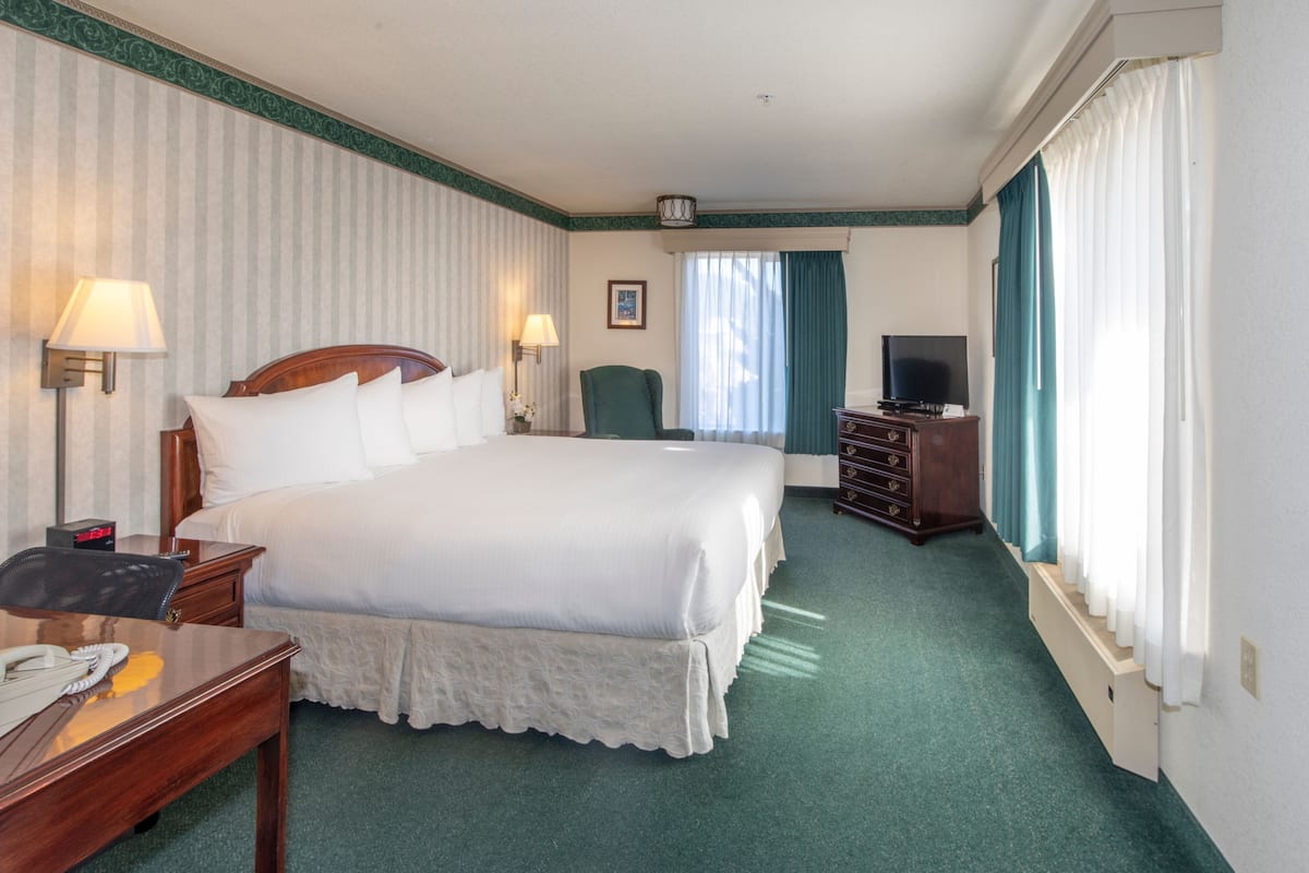 Quarto de hotel com uma cama grande, uma escrivaninha com telefone, uma cadeira, uma televisão e um armário.