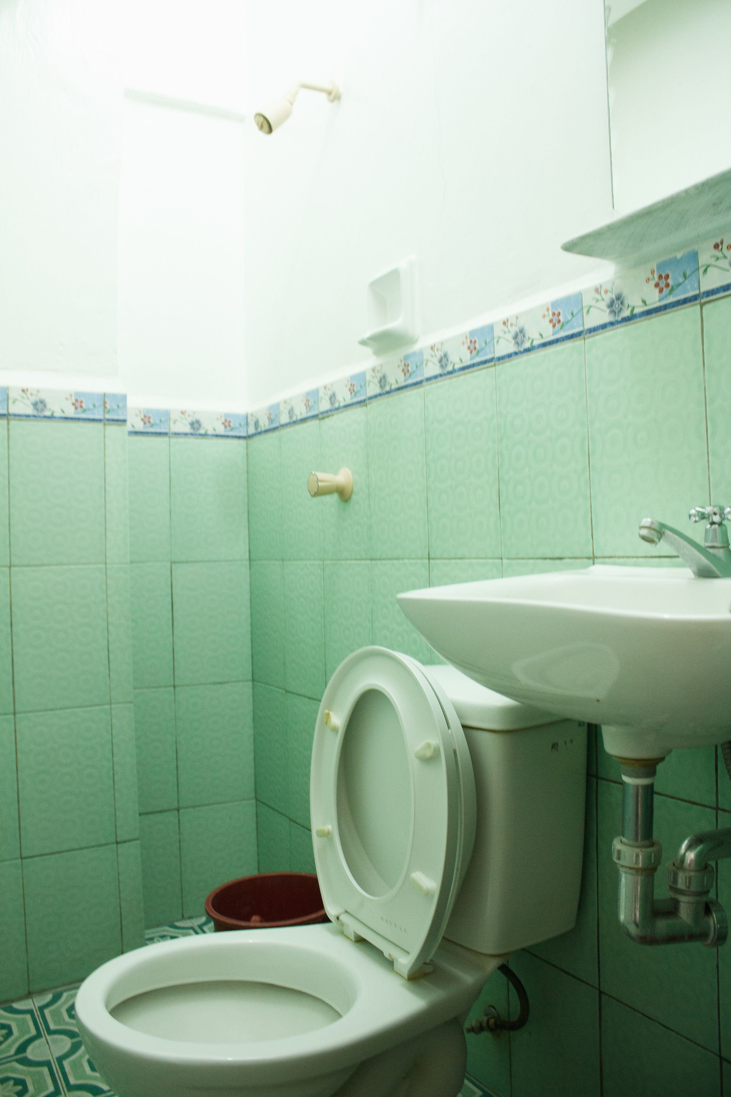 Un baño con inodoro, lavamanos y ducha.
