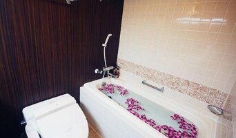 Ducha y bañera combinadas, bañera profunda, secador de pelo y albornoces