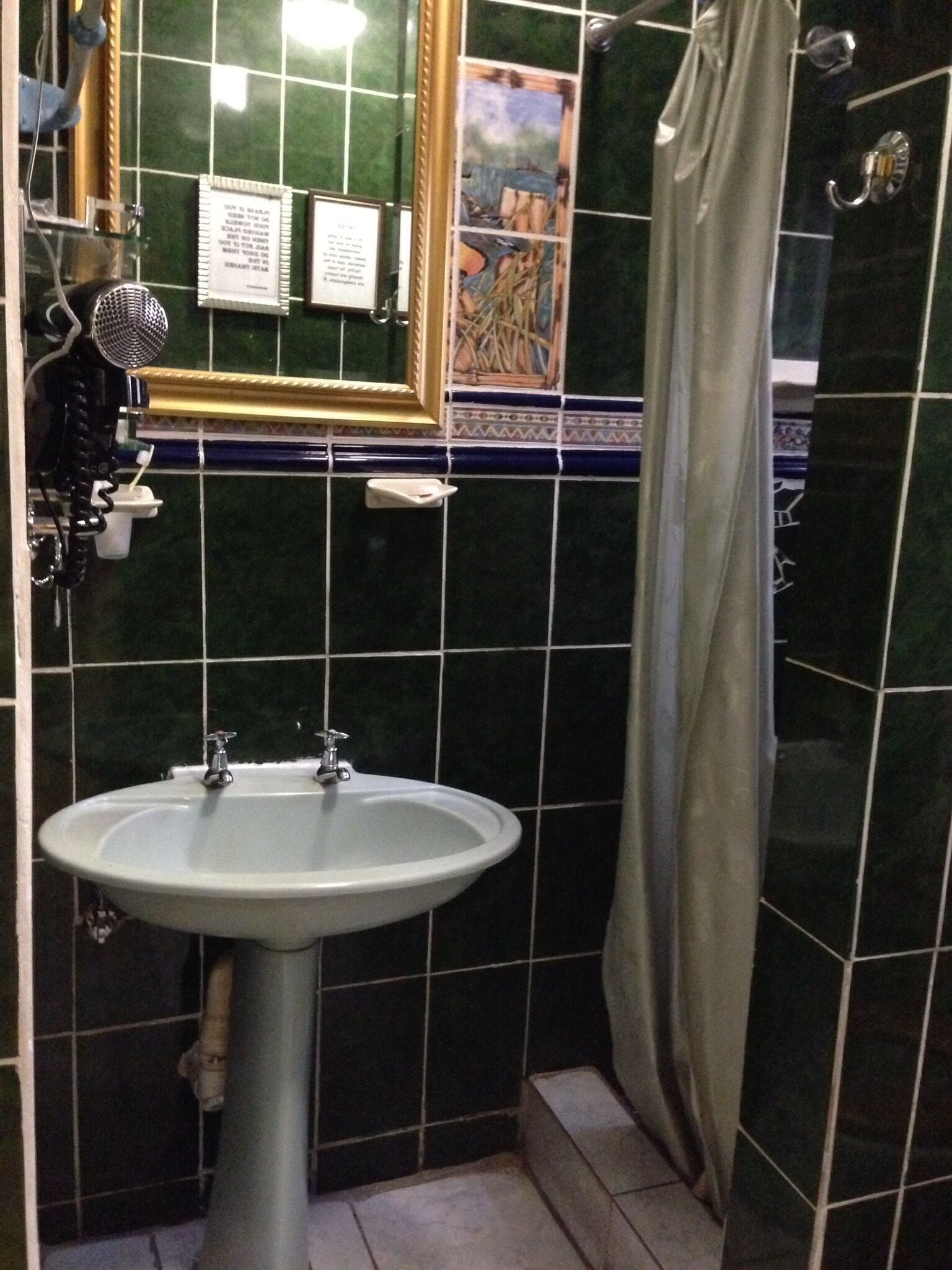 combined shower/bathtub, free toiletries, slippers, towels