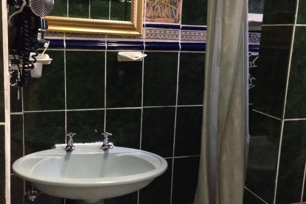 combined shower/bathtub, free toiletries, slippers, towels