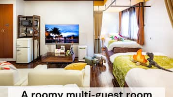 Family Room with a Curtain Divider, 2 Double Beds + Single Bed, Non Smoking | Down comforters, in-room safe, desk, blackout drapes