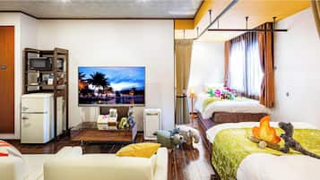 Family Room with a Curtain Divider, 2 Double Beds + Single Bed, Non Smoking | Down comforters, in-room safe, desk, blackout drapes